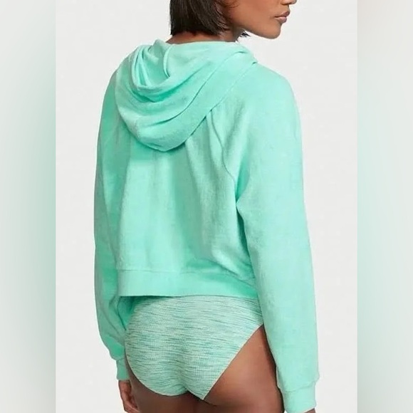 Victoria’s Secret Tourquoise Blue Green Cropped Zip-Up Sweater Terry Cloth Sz XS - Picture 4 of 16